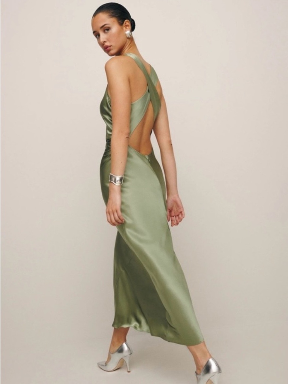 NEW Reformation Casette Silk Maxi Dress Artichoke Green Size 4